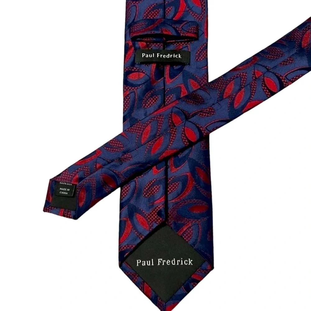 PAUL FREDRICK blue & red silk modern geometric print skinny tie